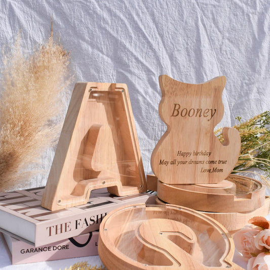 Wooden letter piggy bank with engraved quotes - teaches kids to save money and builds early financial habits,birthday gift for children