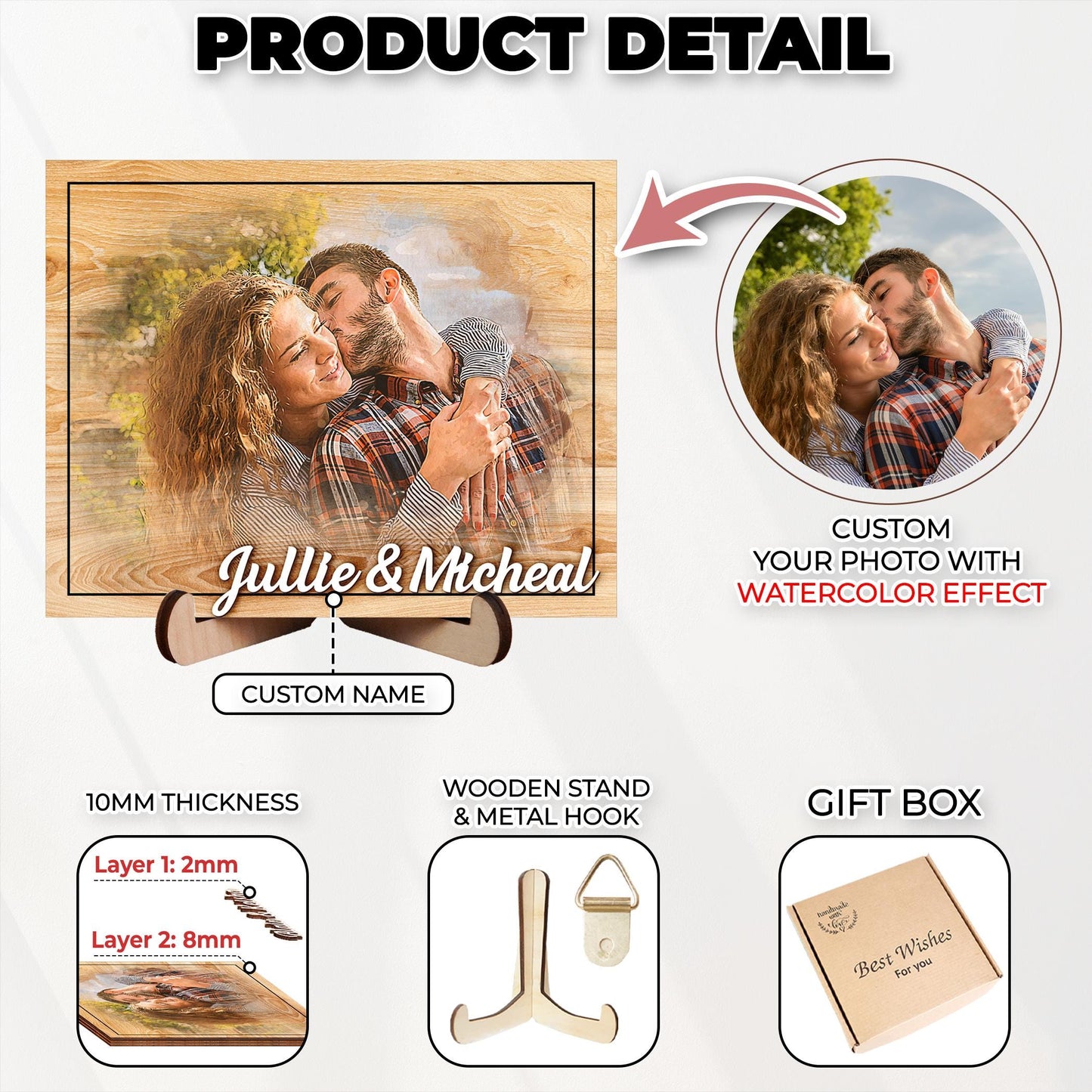 Custom Photo Frame,Photo on Wood with Watercolor Style,Couple Picture Frame Anniversary Wedding,Portrait from Photo,Long Distance Gift