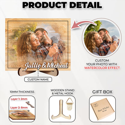 Custom Photo Frame,Photo on Wood with Watercolor Style,Couple Picture Frame Anniversary Wedding,Portrait from Photo,Long Distance Gift