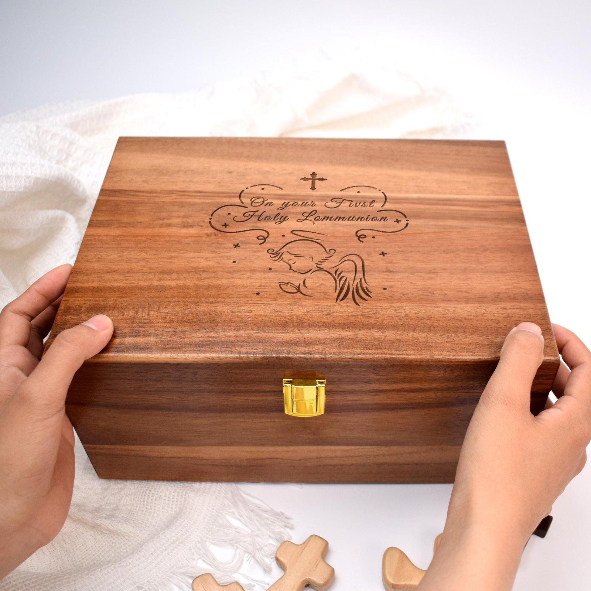 Engraved Wood Keepsake Box,Personalized Baptism, First Communion, Christening Gift, Religious Gift for Godchild, Grandchild, Godparents