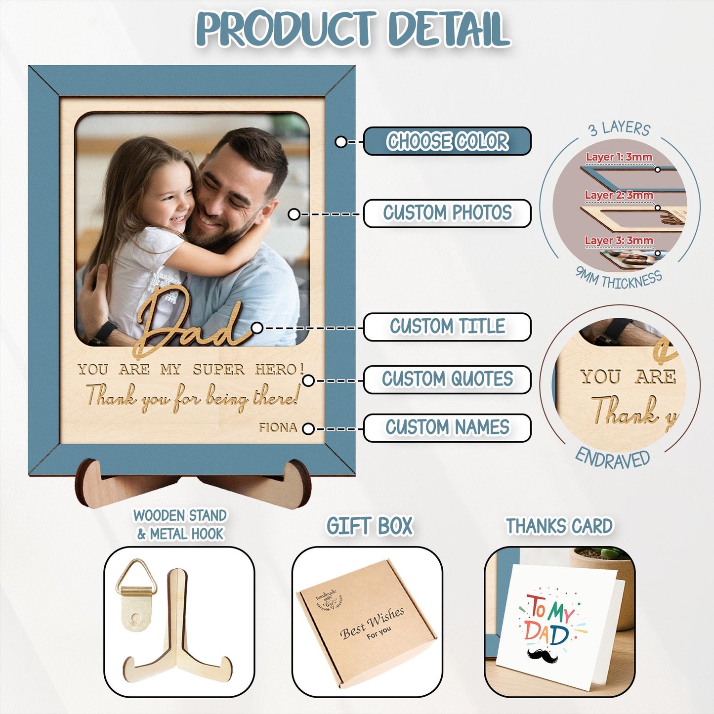 Personalized Photo Sign for Dad,Father's Day Gift for Daddy,Father Gift,Birthday Gift,Thank you dad,Picture Frame,Grandpa Gift,Best Dad Ever