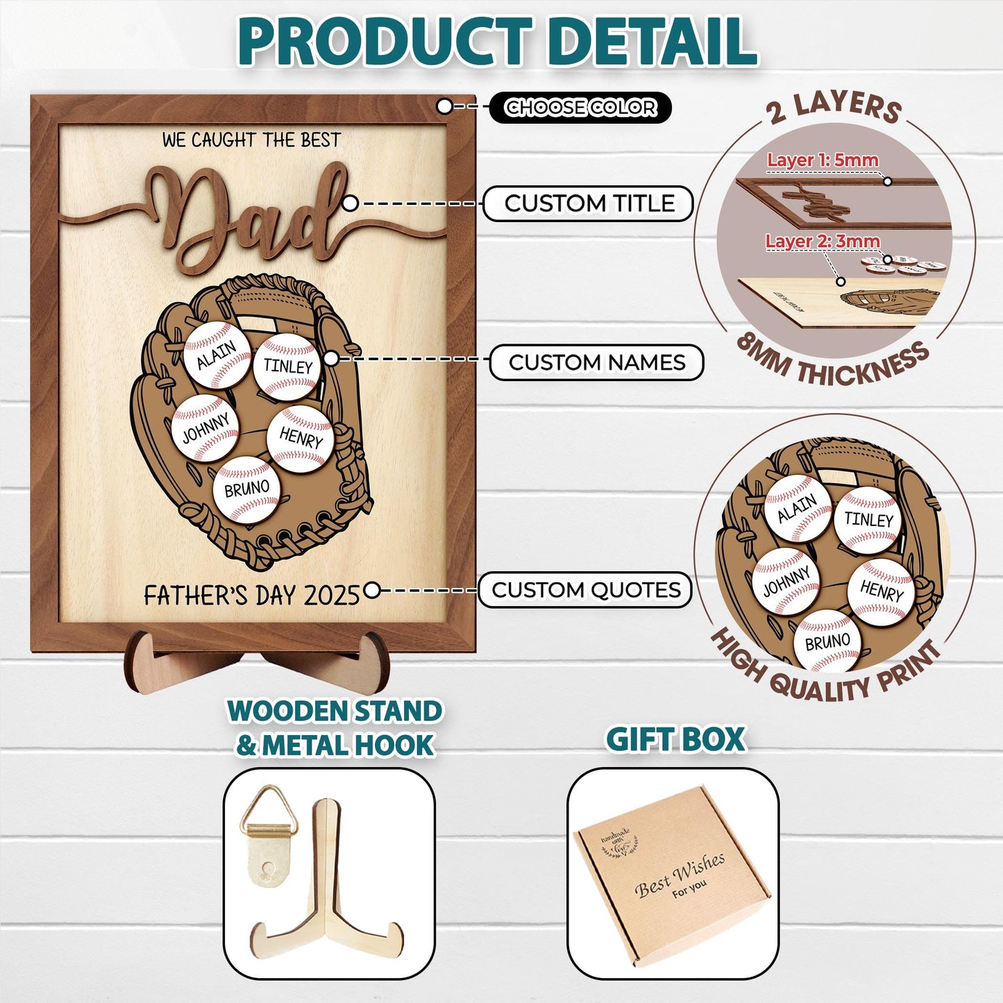 Personalized We Caught Best Dad Ever Frame,Father's Day Gift,Kid's Name Baseball Sign,Gifts for Dad,Dad and Kids Framed Sign,Grandpa Gift