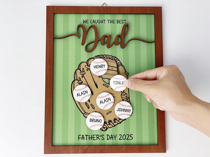 Personalized We Caught Best Dad Ever Frame,Father's Day Gift,Kid's Name Baseball Sign,Gifts for Dad,Dad and Kids Framed Sign,Grandpa Gift