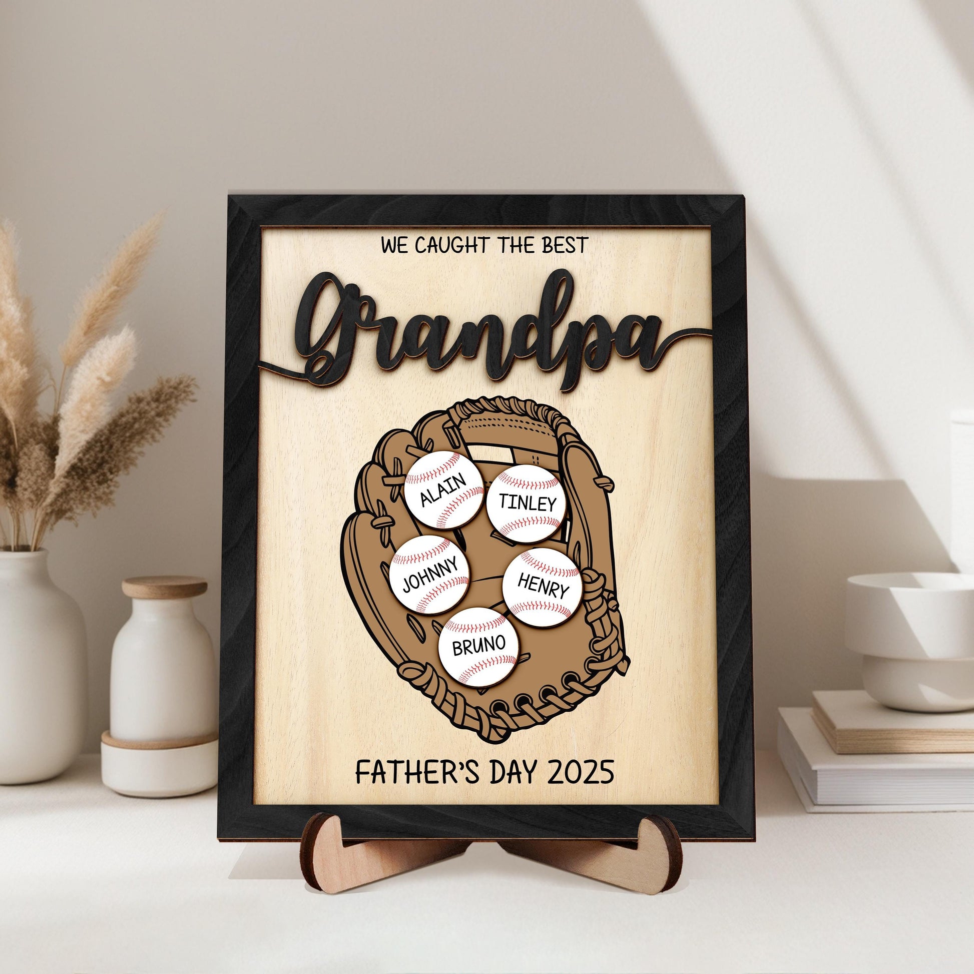 Personalized We Caught Best Dad Ever Frame,Father's Day Gift,Kid's Name Baseball Sign,Gifts for Dad,Dad and Kids Framed Sign,Grandpa Gift