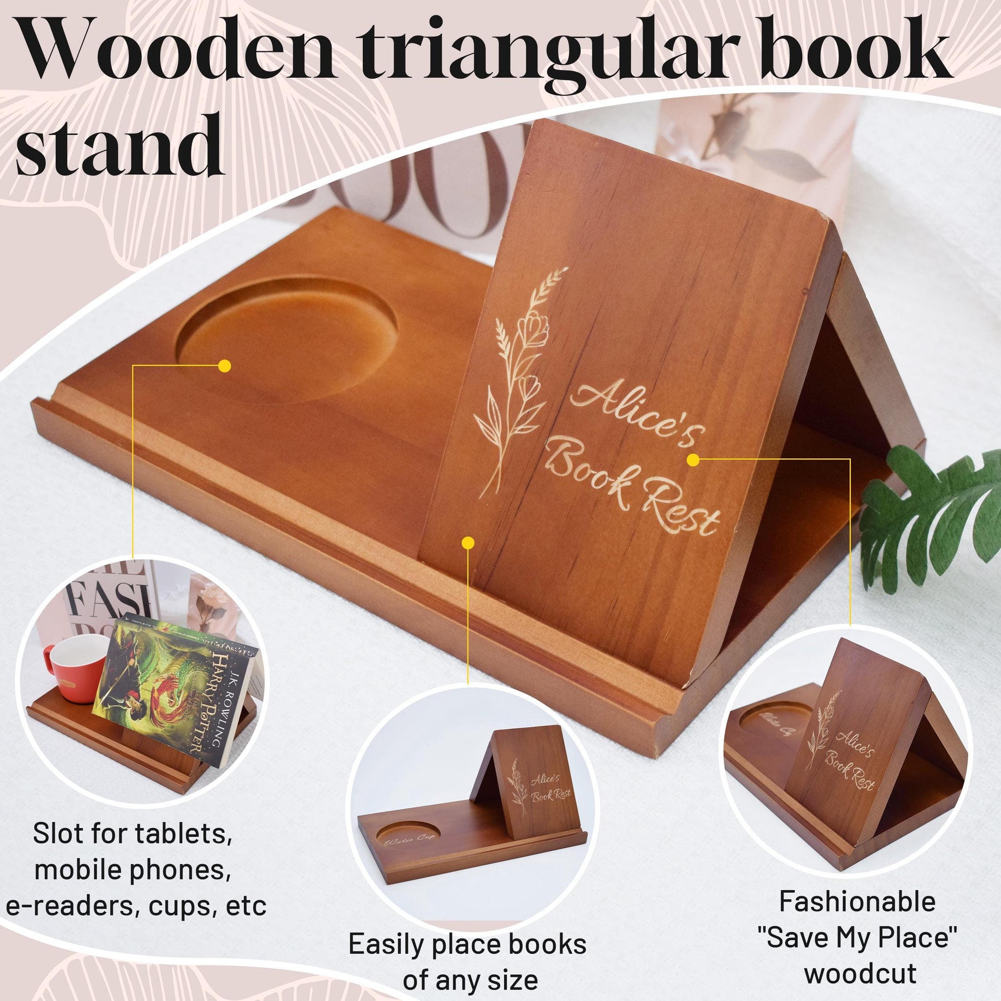 Wooden Triangle Book Stand,Custom book stand,Mother's Day Gift,Book Holder With Slot For Tablet Book,Gifts For Readers,Minimalist home decor