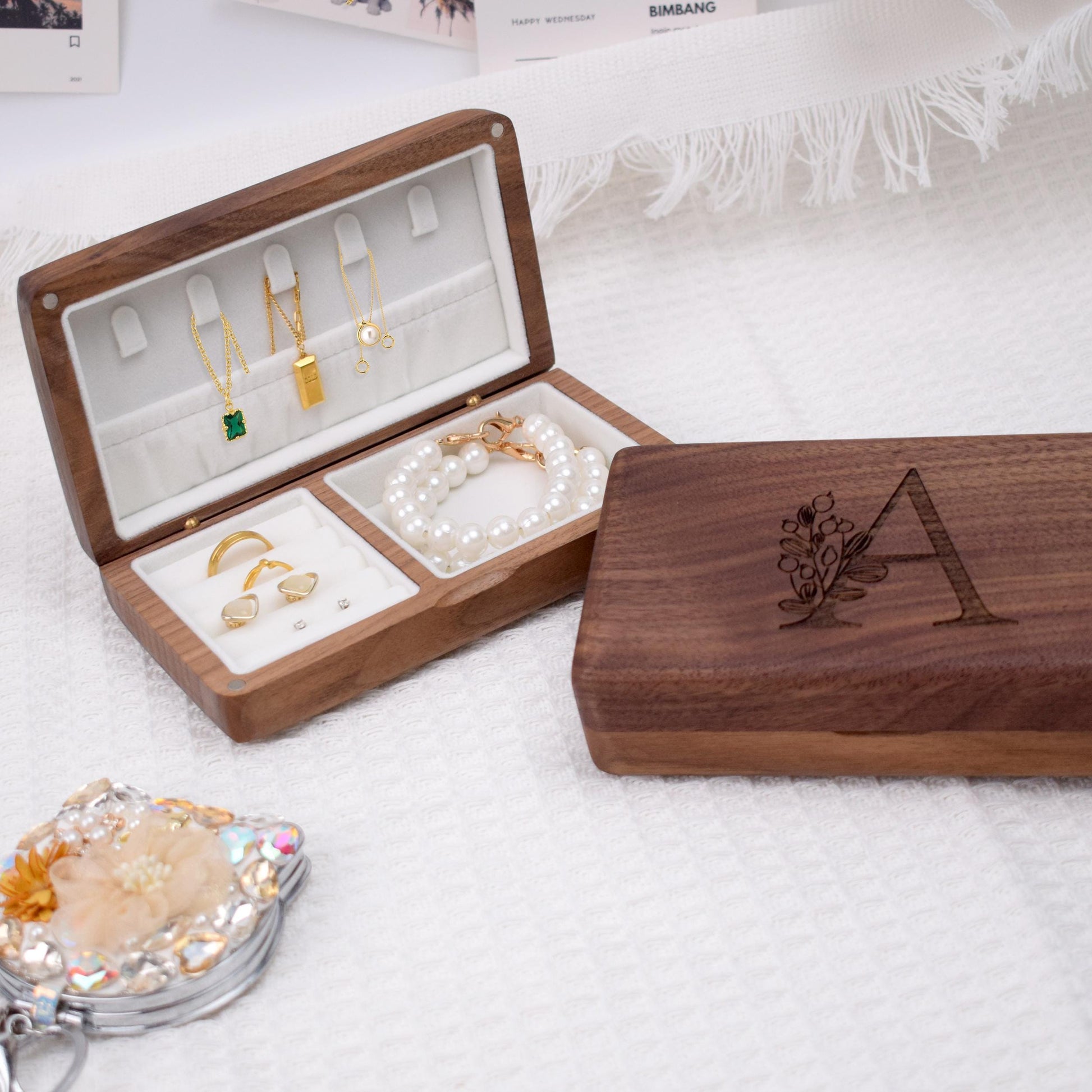 Personalized Travel Case for Women,Wooden Jewelry Organizer,Engraved Name Jewelry Travel Case,Custom Gift for Her,Bridesmaids,or Anniversary