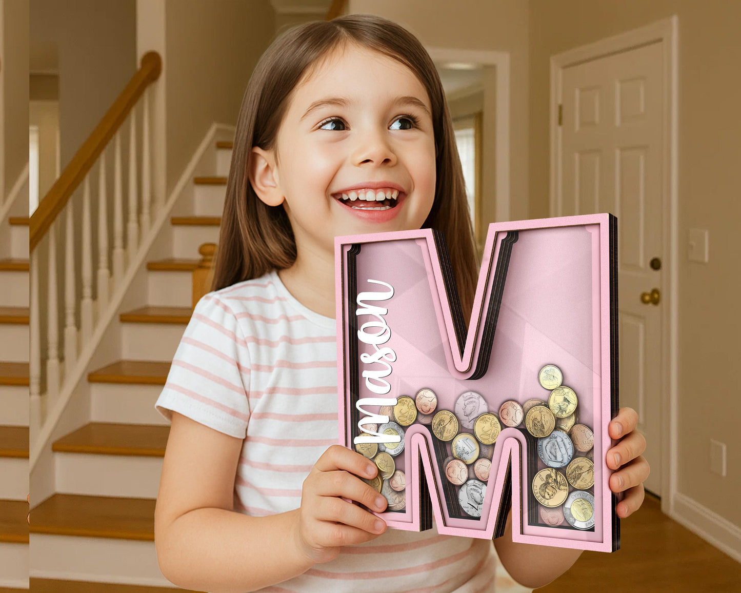 Personalized Large Wooden Kids Letter Piggy Bank, Wood Gift For Kids, Custom Name Coin Bank, Wood Alphabet Letter Bank Money Box Birthday