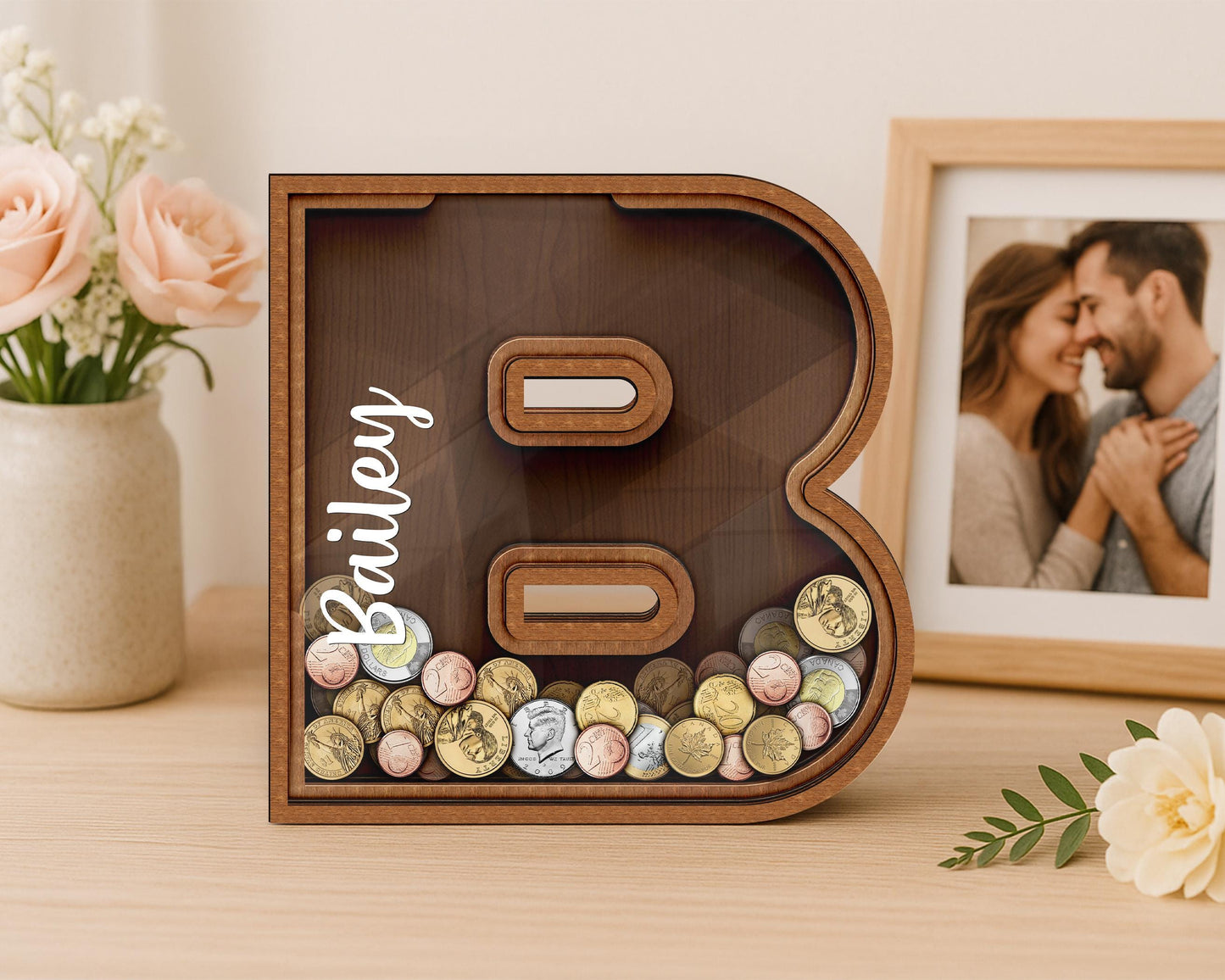 Personalized Large Wooden Kids Letter Piggy Bank, Wood Gift For Kids, Custom Name Coin Bank, Wood Alphabet Letter Bank Money Box Birthday