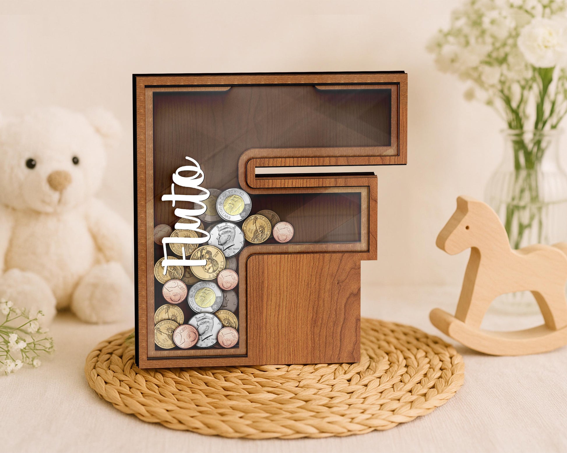 Personalized Large Wooden Kids Letter Piggy Bank, Wood Gift For Kids, Custom Name Coin Bank, Wood Alphabet Letter Bank Money Box Birthday