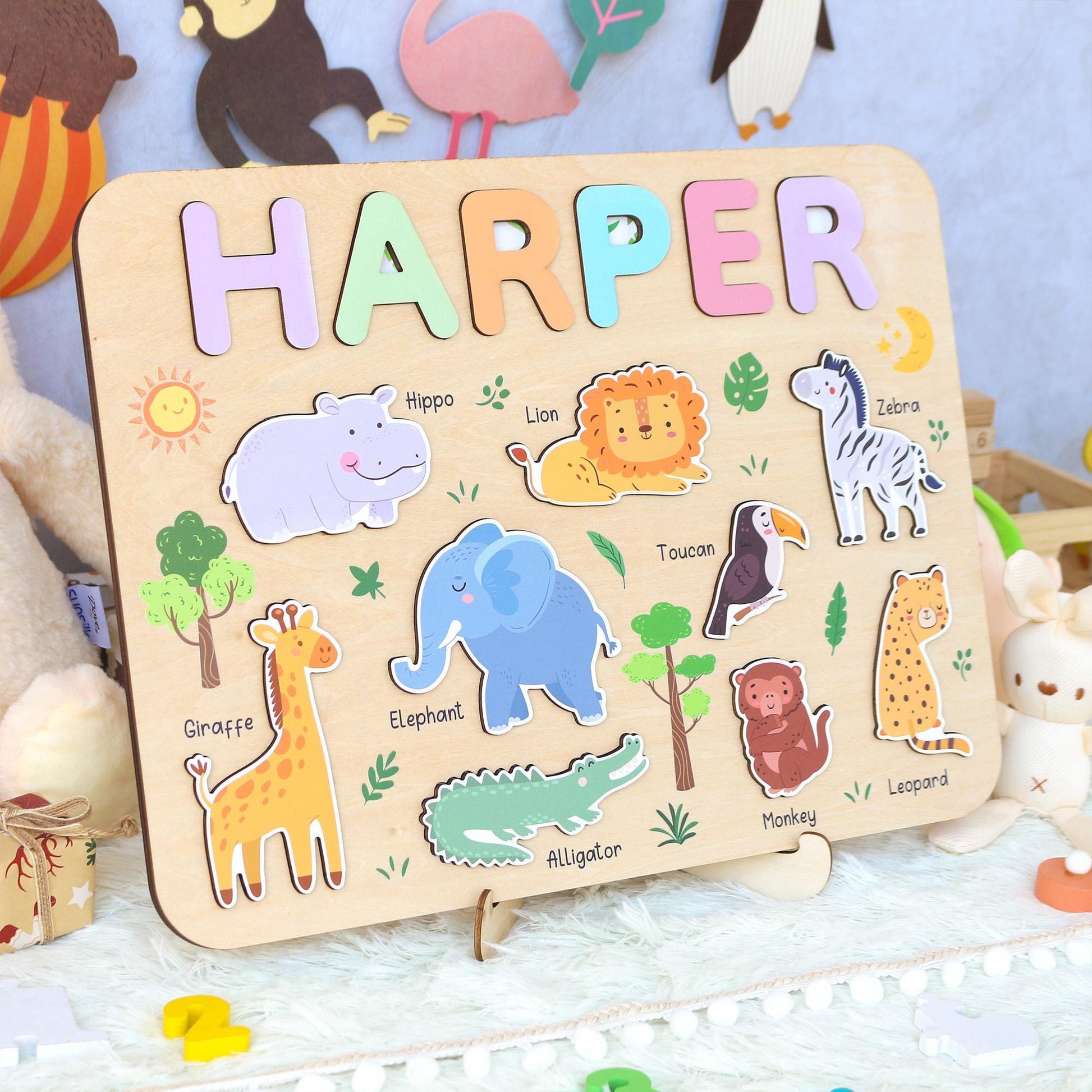 Personalized Safari Name Puzzle | New Baby Gifts | First Christmas Gifts | 1st Birthday Gifts | Montessori Toys | Baby Shower Gifts