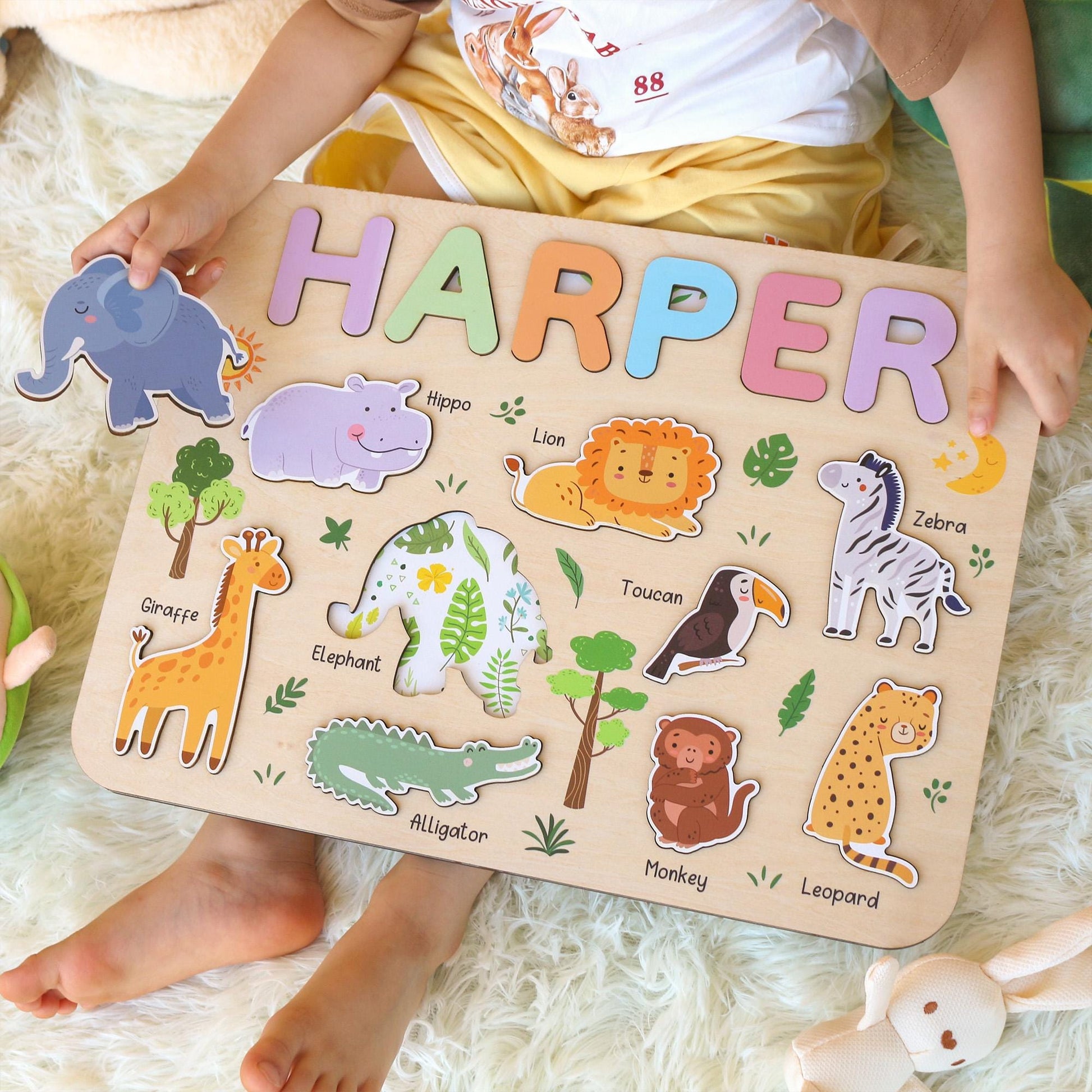 Personalized Safari Name Puzzle | New Baby Gifts | First Christmas Gifts | 1st Birthday Gifts | Montessori Toys | Baby Shower Gifts