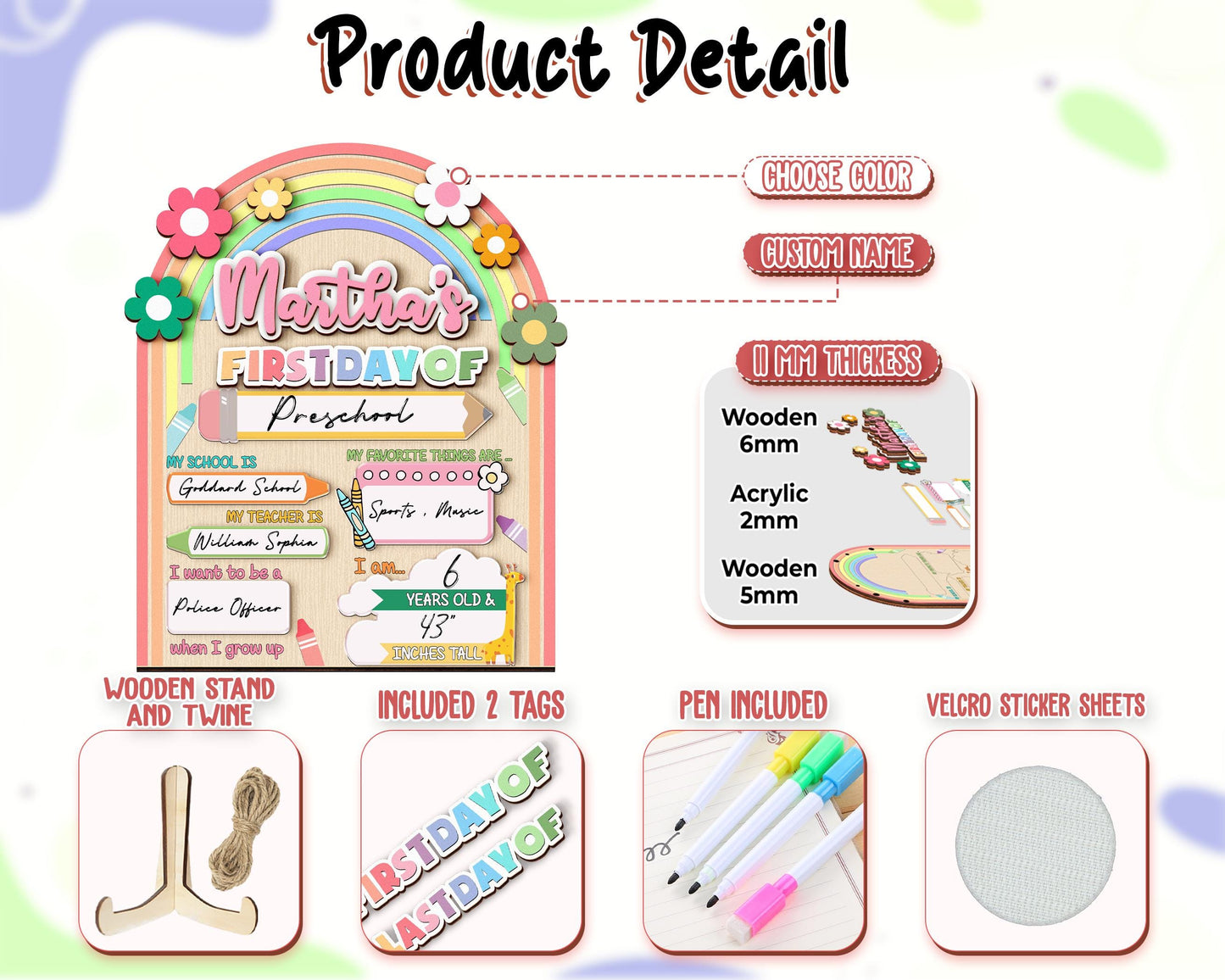 Personalized First Day School Sign, Back to School Sign, Kindergarten 1st Day of School Sign Reusable, Custom First Day School Sign