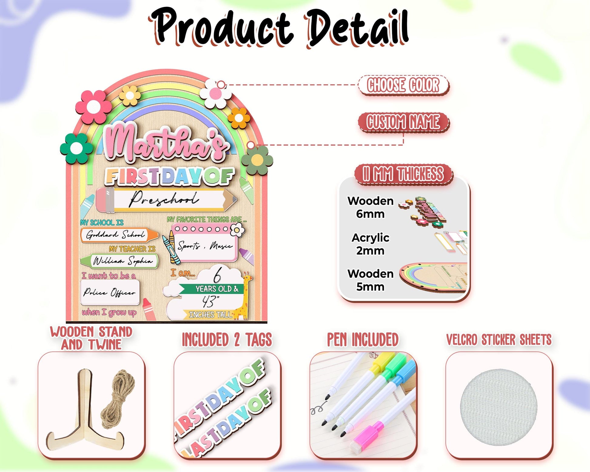 Personalized First Day School Sign, Back to School Sign, Kindergarten 1st Day of School Sign Reusable, Custom First Day School Sign