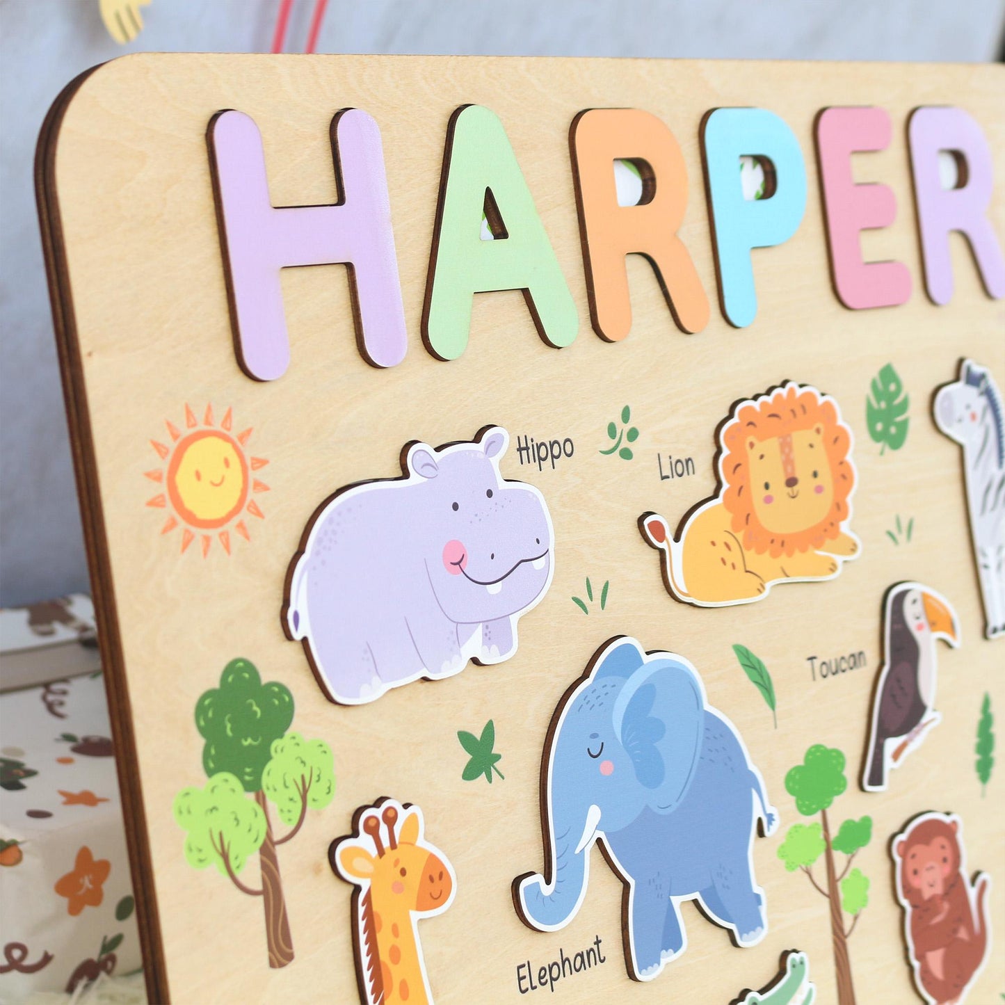Personalized Safari Name Puzzle | New Baby Gifts | First Christmas Gifts | 1st Birthday Gifts | Montessori Toys | Baby Shower Gifts