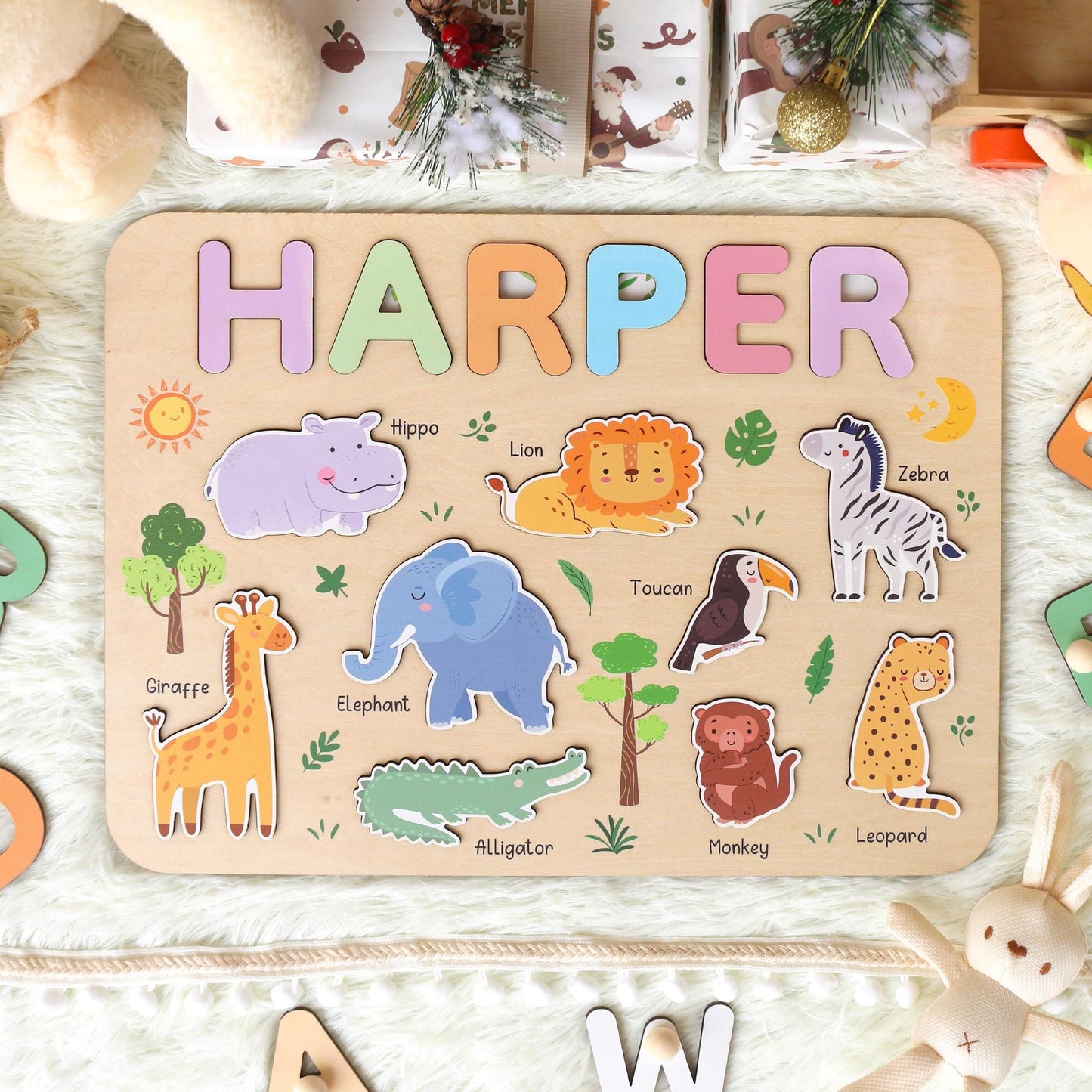 Personalized Safari Name Puzzle | New Baby Gifts | First Christmas Gifts | 1st Birthday Gifts | Montessori Toys | Baby Shower Gifts