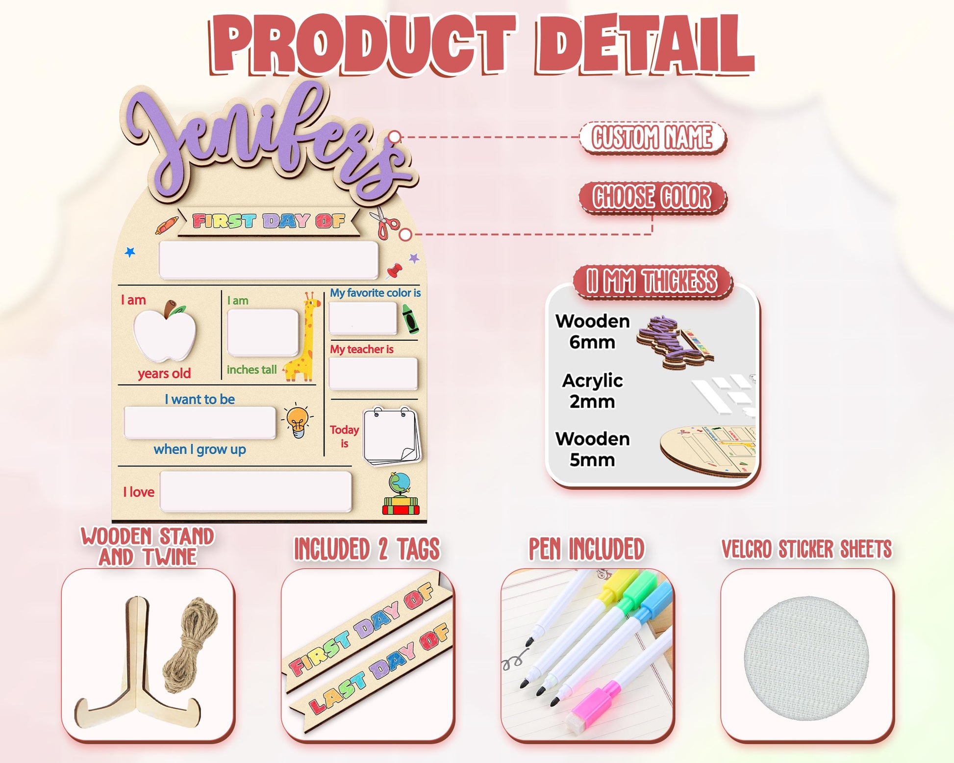 Custom First&Last Day of School Sign,Back to School Photo Prop for Kids,Kindergarten 1st Day of School,First Day  School Board,Name Sign