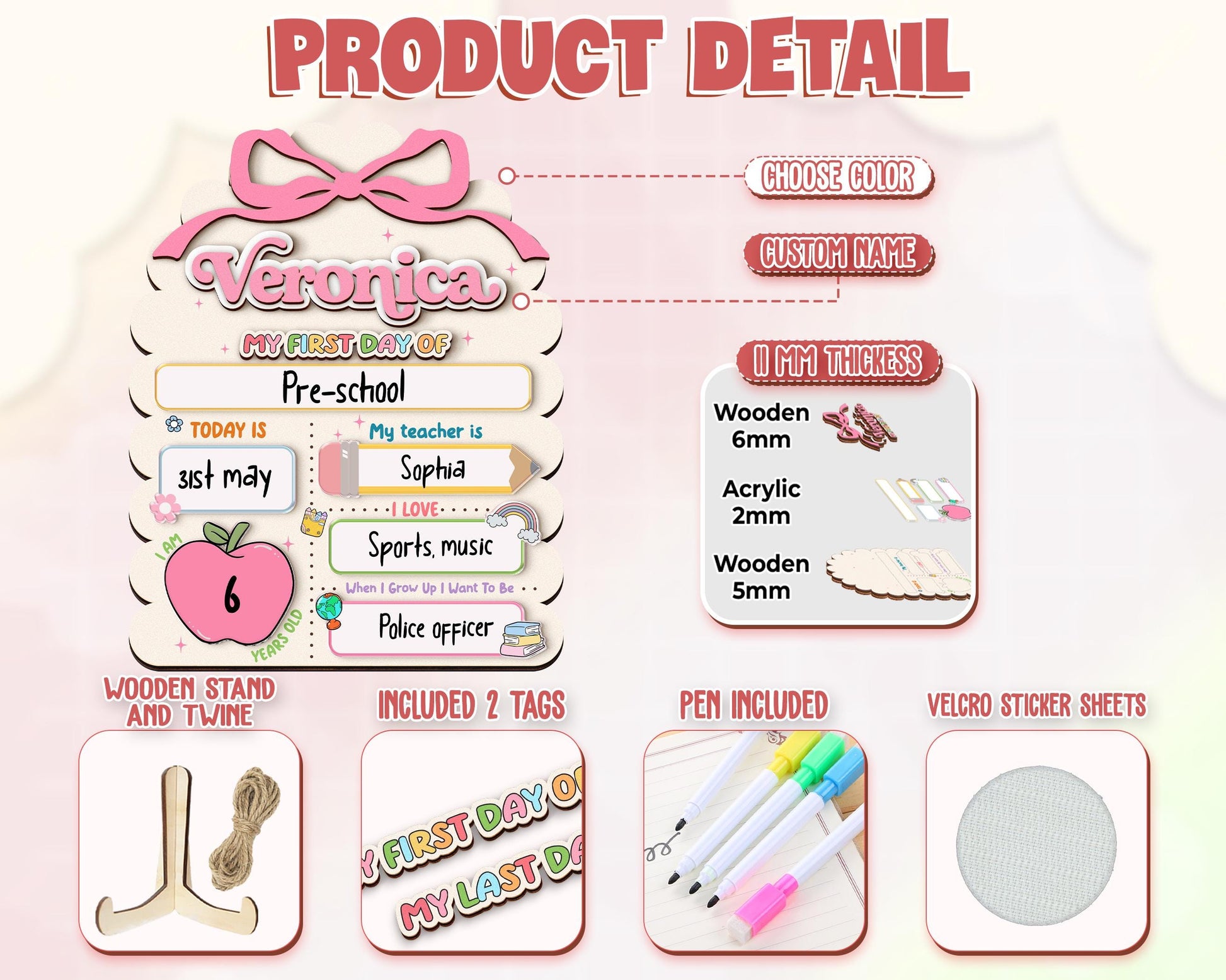 Personalized First Day School Sign,Back to School,Preschool,Kindergarten 1st Day of School Sign Reusable,First Day of School Board,Name Sign