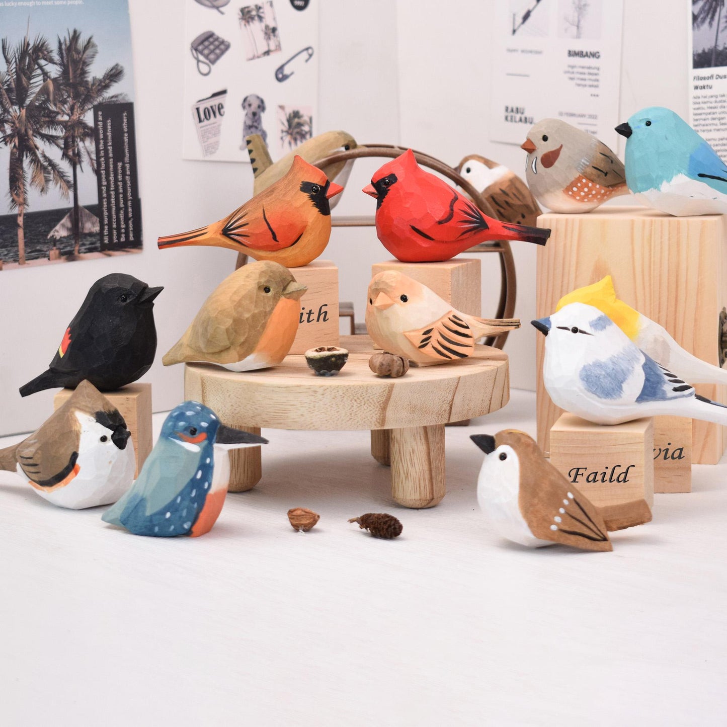 20 Style Wooden Birds Figurine, Hand Painted Cardinal Statue, Chubby Robin Figurine, Christmas tree decoration gifts, Gifts for Bird Lovers