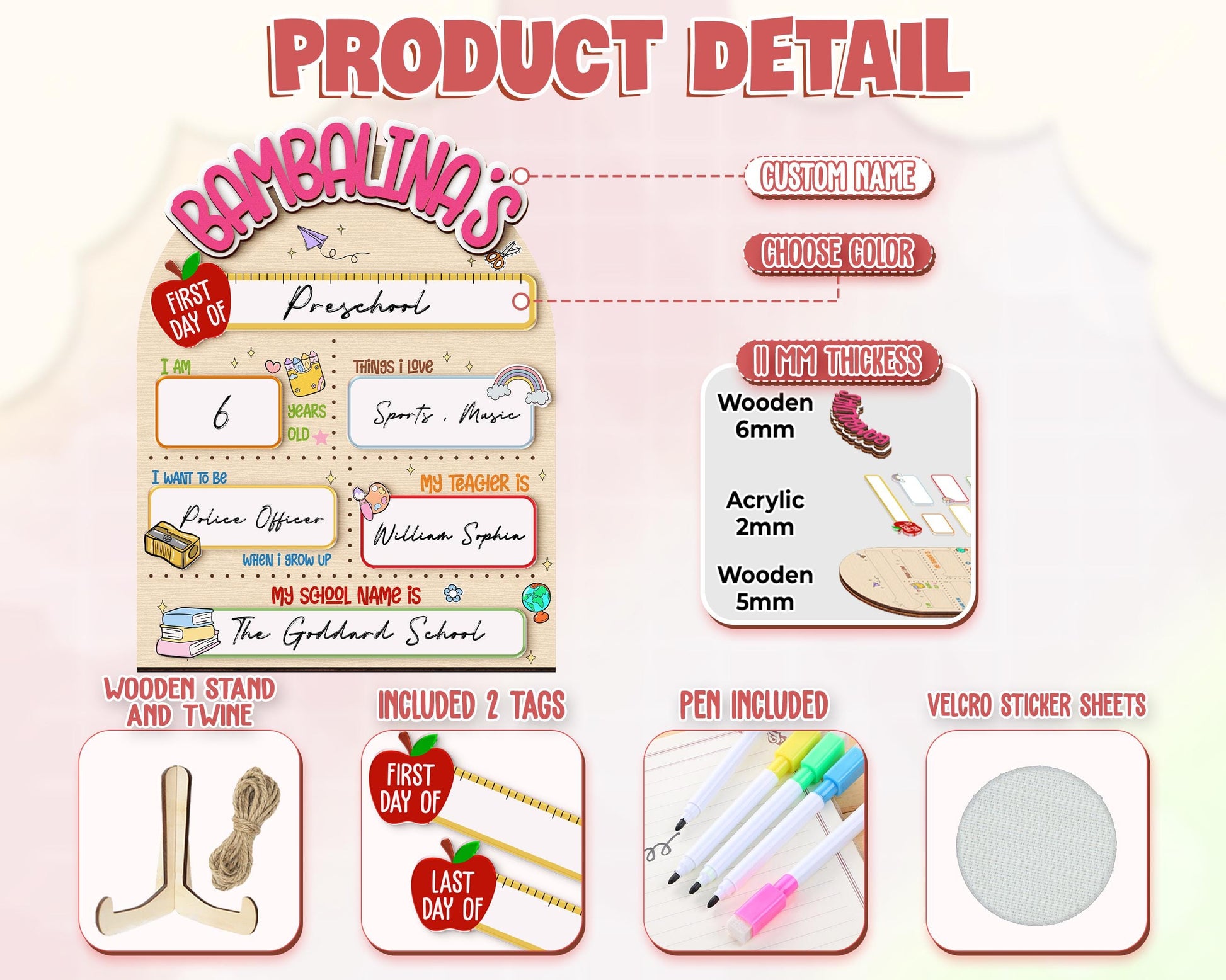 Custom First Day of School Sign,Interchangeable Back to School Sign,Preschool,Kindergarten 1st Day of School Board Reusable,Last Day School