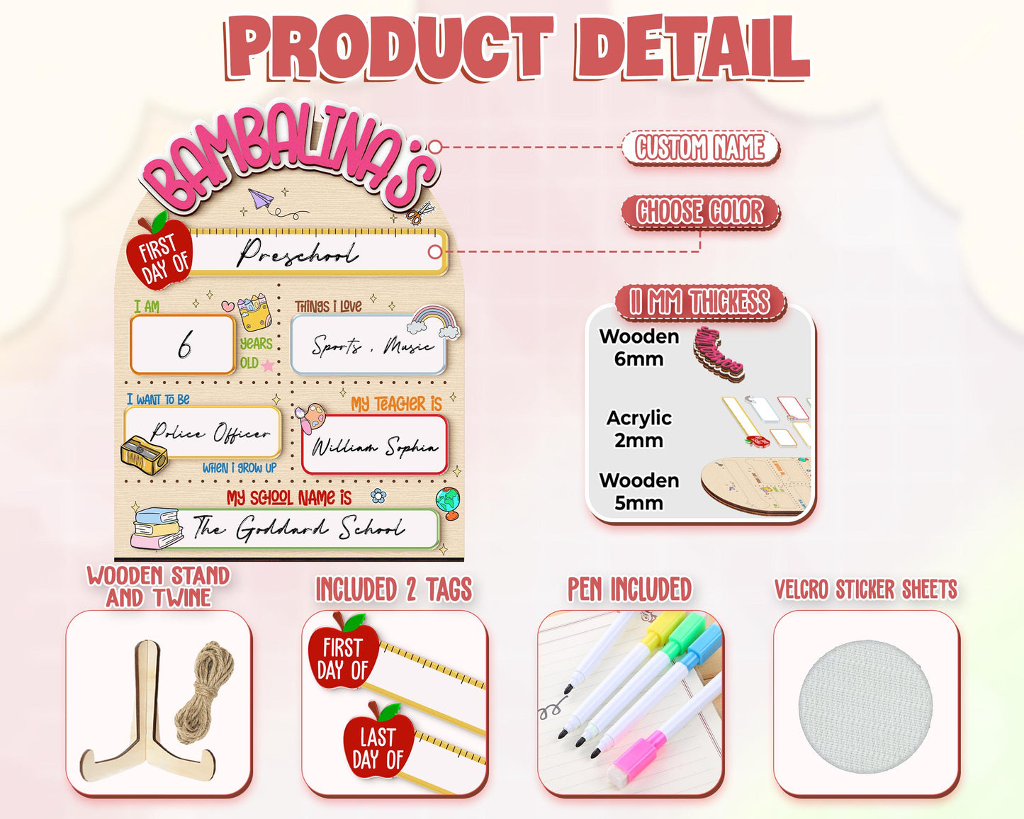 Custom First & Last Day School Sign,Back to School Sign,Kindergarten 1st Day of School Reusable,First Day Wooden School Board,Photo Prop