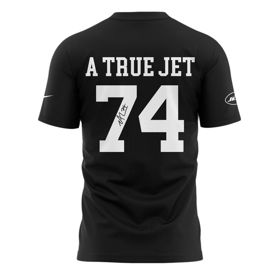 “A TRUE JET 74” T-shirt honoring Nick Mangold, legend of the New York Jets for fans.