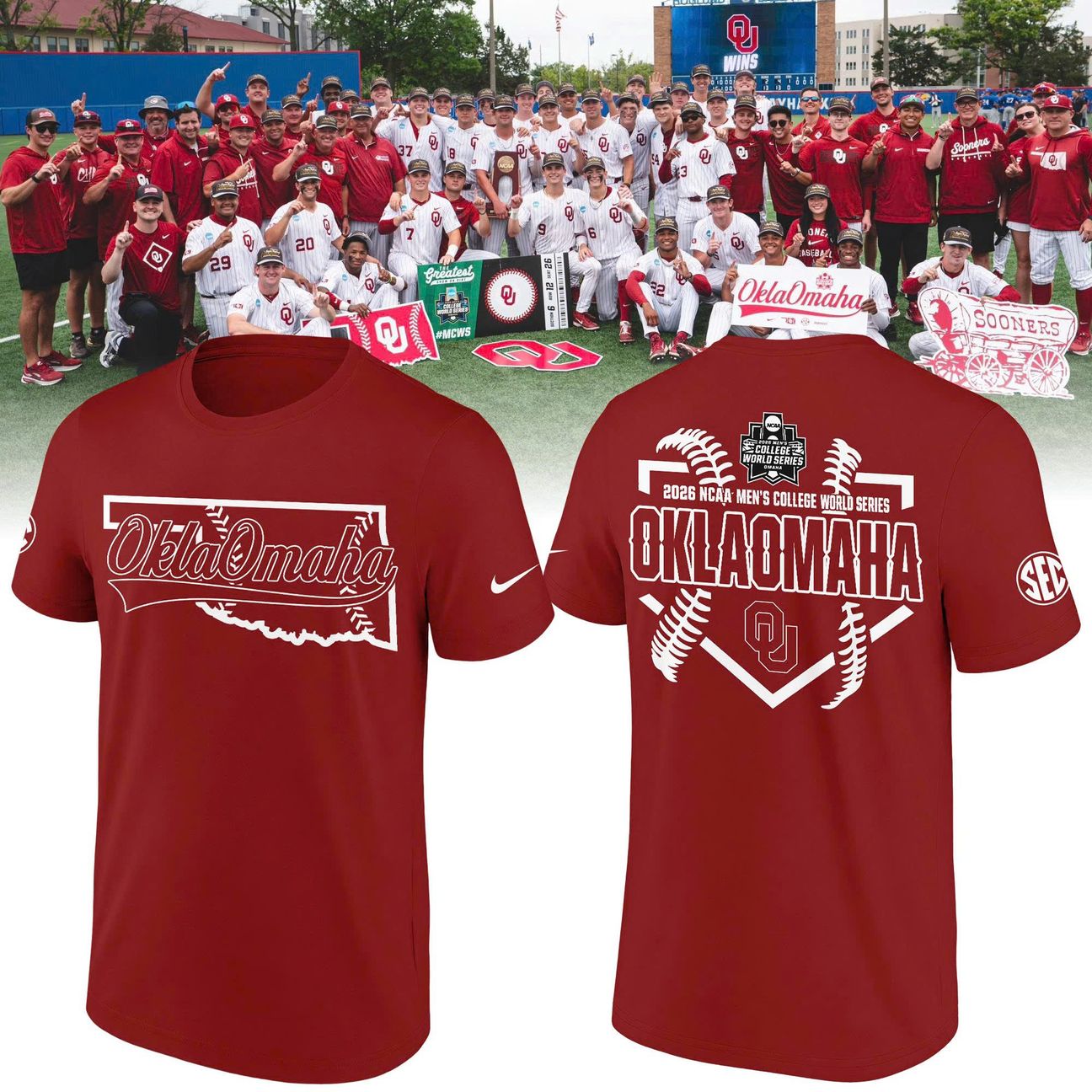 Exclusive Oklahoma Sooners 2026 Baseball College World Series "OKLAOMAHA" T-Shirt.