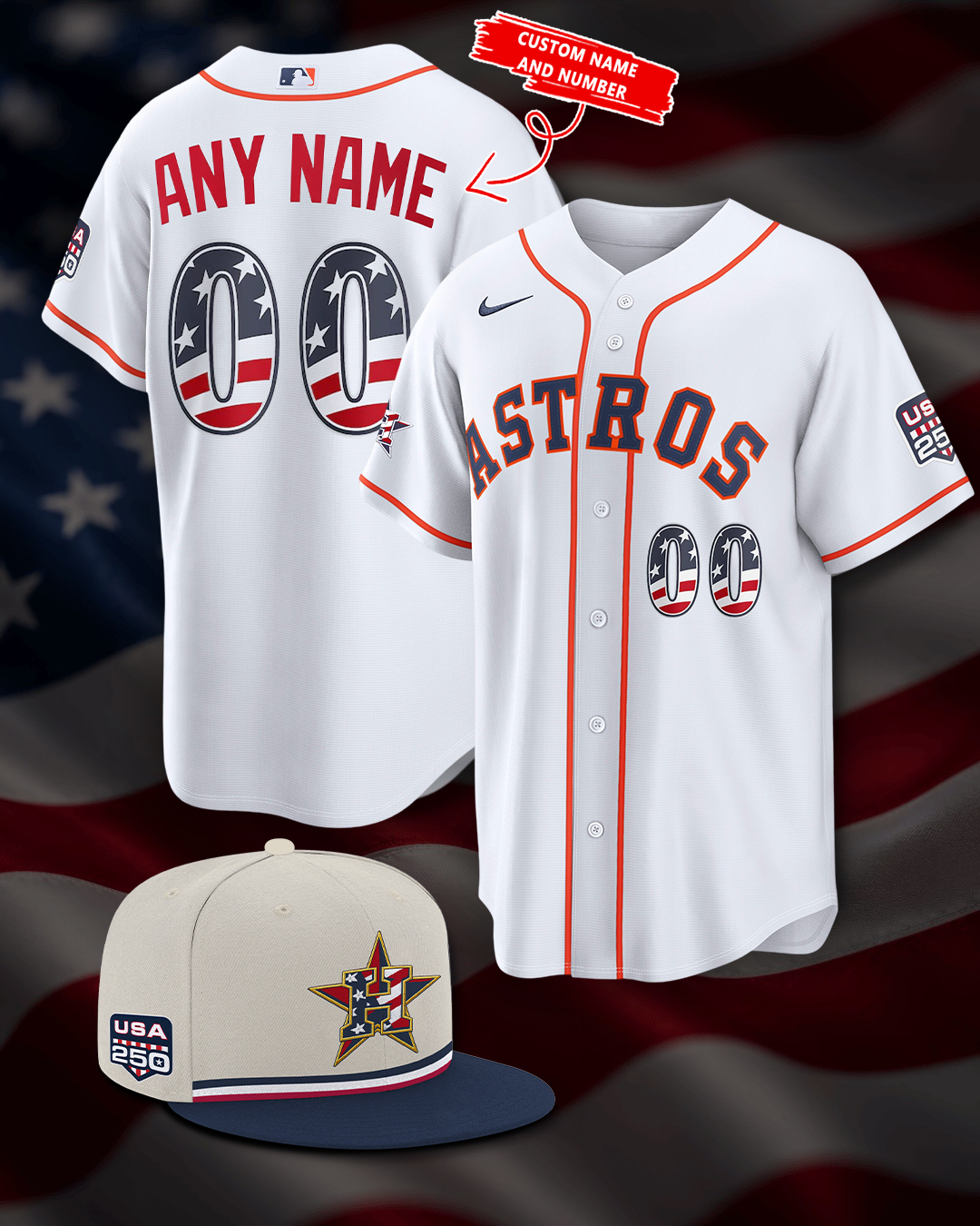 Houston Astros USA 250 Jersey - White- Custom Name and Number