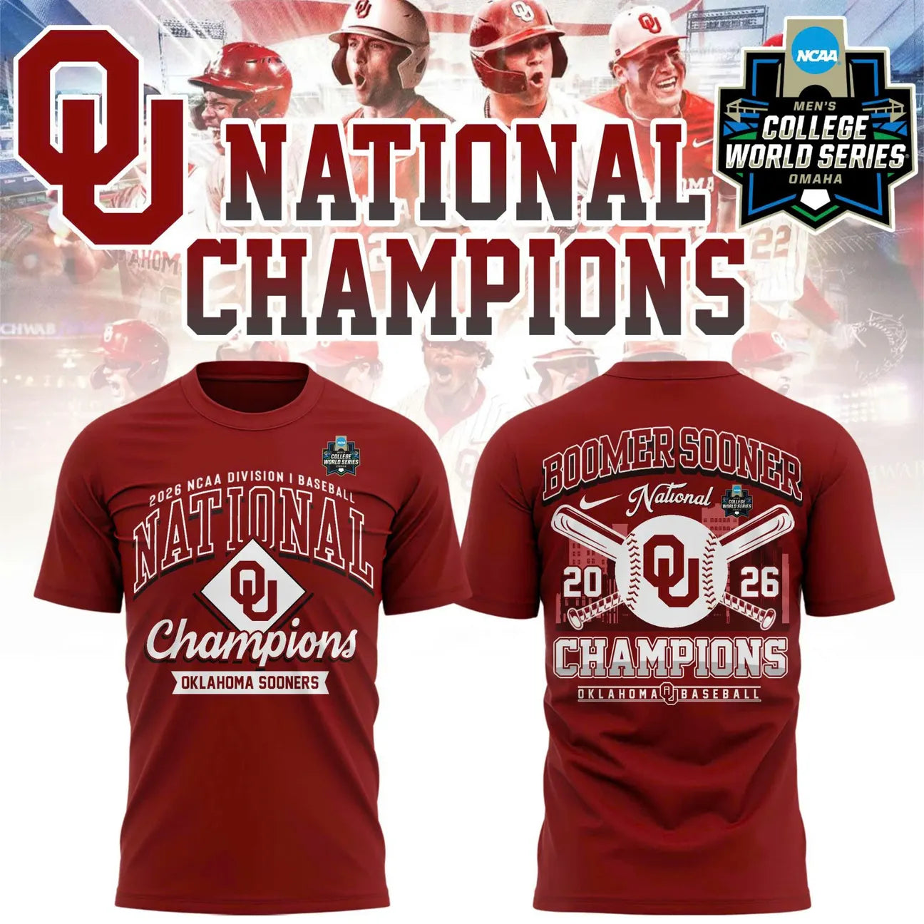Oklahoma Sooners Crimson 2026 NCAA Division I Baseball National Champions Locker Room T-Shirt