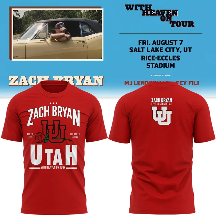 01.03. Limited Edition Zach Bryan x Utah Utes Football - With Heaven On Tour 2026 T-Shirt