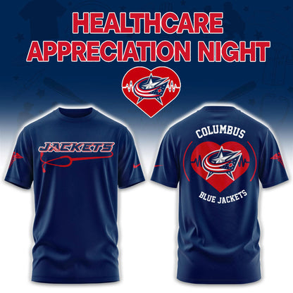 2026 Columbus Blue Jackets Healthcare Appreciation Night Limited Edition T-Shirt, Jogger And Cap Outfit Navy Blue
