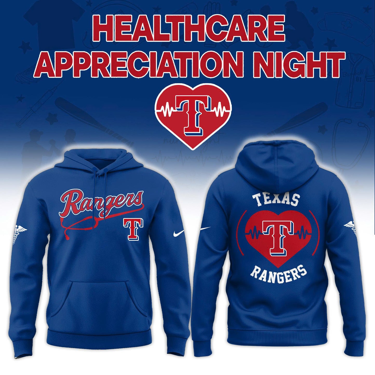 2026 Texas Rangers Healthcare Appreciation Night Limited Edition Hoodie Jogger And Cap Outfit Blue