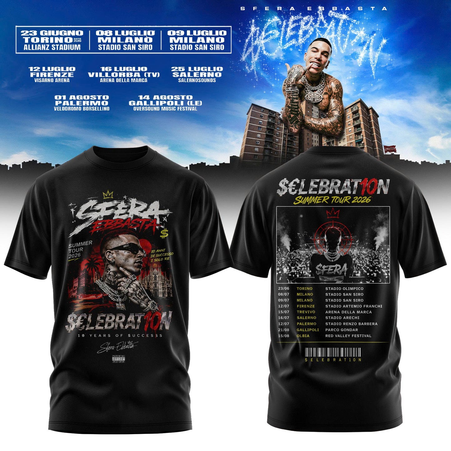 Sfera Ebbasta $€LEBRAT10N – Estate 2026 Tour T-Shirt 1